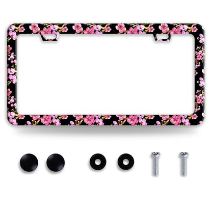 Cherry Blossom Flower Stainless Steel License Plate Frame for US Cars Decor (Cherry Blossom)