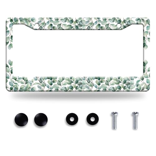 Green Leaf License Plate Frame Stainless Steel Car Accessory 6x12 Inch (Green Leaves Pattern)