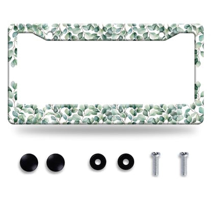 Green Leaf License Plate Frame Stainless Steel Car Accessory 6x12 Inch (Green Leaves Pattern)
