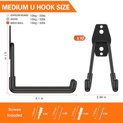 Garage Hooks Heavy Duty 10 Pack (5.1inch U Hook / Black 10Pack)