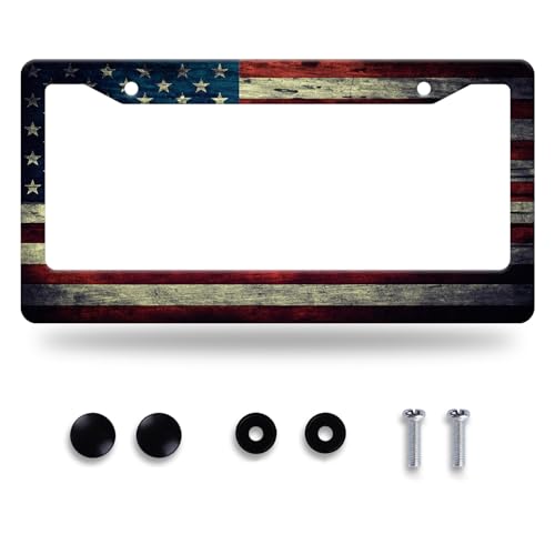 American Flag License Plate Frame Stainless Steel Patriotic Car Accessory (Vintage America Flag Design)
