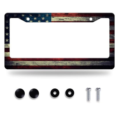 American Flag License Plate Frame Stainless Steel Patriotic Car Accessory (Vintage America Flag Design)