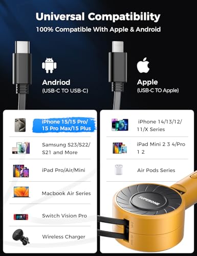 3-in-1 Small Car Charger with Retractable Cords (Yellow / 1 Type-C & Apple Cables Mini)