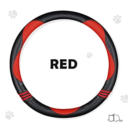 Car Steering Wheel Covers for Women Girl Padded Carbon Fiber PU Leather Cute Cartoon Auto Interior Accessories for Jeep (Red+Black / Large Size[15.2-16"](38.6-40.5cm))