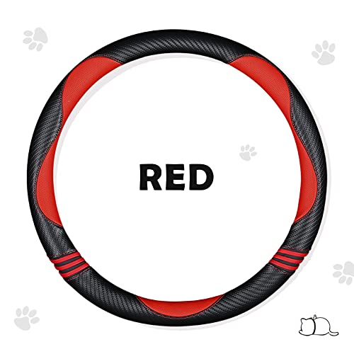 Car Steering Wheel Covers for Women Padded Carbon Fiber PU Leather Cute Auto Interior Accessories for Vehicle (Red+Black / Standard Size[14.75-15.15"](37.5-38.5cm))