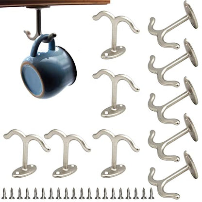 10 Pcs Zinc Alloy Ceiling Double Hook Cabinet Wardrobe Coat Towel Hat Hook Hooks Under Cabinet Shelf (Matte Silver)