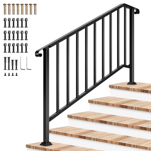 5 Step Railing 69"x36" Wrought Iron with Curved & Balusters Black (Black / 5 Steps)