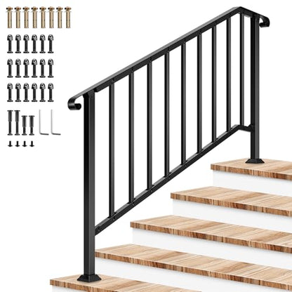 5 Step Railing 69"x36" Wrought Iron with Curved & Balusters Black (Black / 5 Steps)