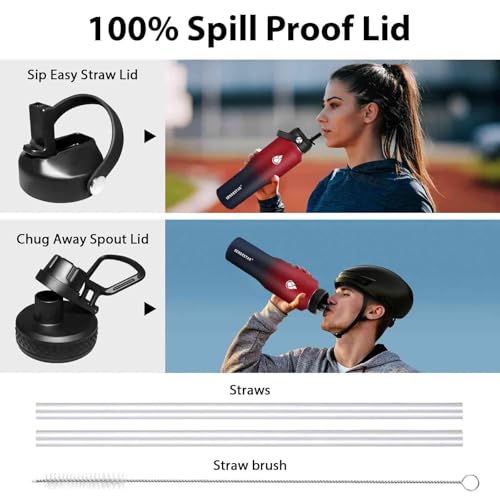32oz Water Bottle Wide Mouth Stainless Steel Vacuum Insulated Double Wall with 2 Straw Lids Fit in Any Car Cup Holder (Carbon Red / 32 Ounces)