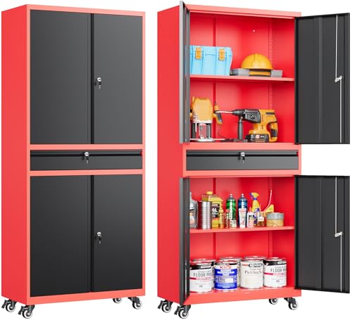 Metal Storage Cabinet with Wheels and Drawer (73"H x 31.5"W x 16"D / Red Black)