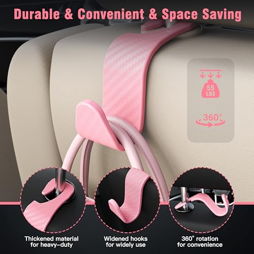 4 Pack Car Headrest Hooks Holds 55lbs Seat Storage Organizer for Bags (Pink Check)