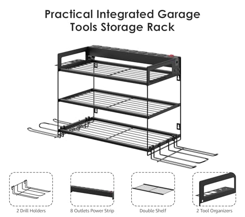 Garage Tools Storage with Charging Station. Power Tool Battery Organizer Utility Shelf with Power Strip. 4 Drills Holder Wall Mount Rack (Small / 3 Layer)