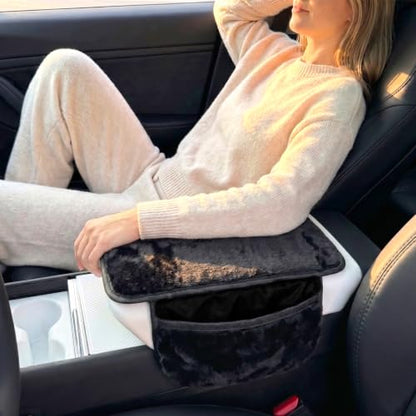 Plush Fuzzy Fur Car Armrest Cover with Side Pockets