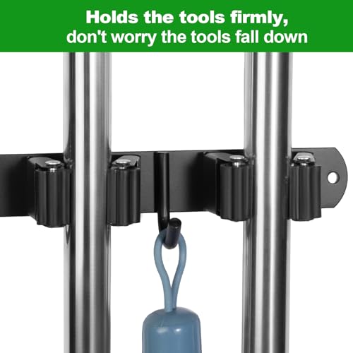 2 Pack] 5 Racks and 4 Hooks Mop and Broom Holder Wall Mount (5 Racks 4 Hooks 2 Packs / Black)