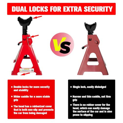 Jack Stands 6 Ton (6 Ton Double Pin Locking with Rubber Pads / Red)