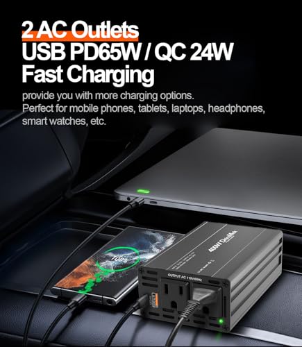 400W Car Power Inverter 12V to 110V AC｜24W+65W USB C (BLACK)