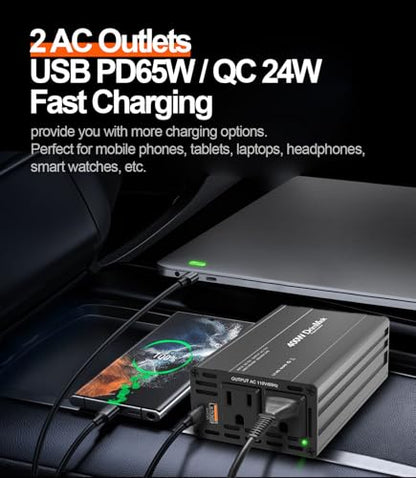 400W Car Power Inverter 12V to 110V AC｜24W+65W USB C (BLACK)