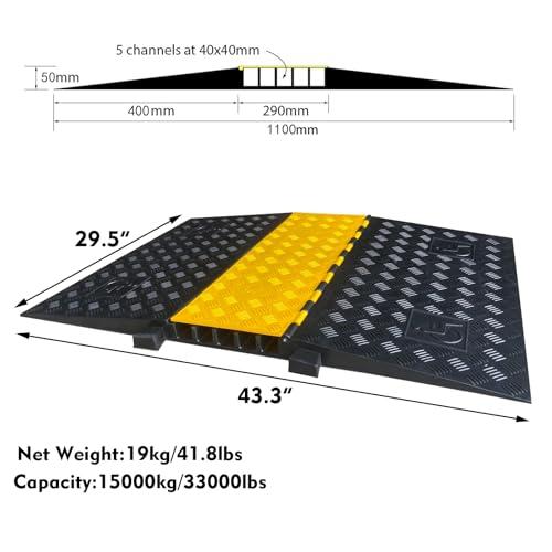 Rubber Cable Ramp 5 Channel Drive Over Hose Cable Protector Outdoor 22000Lbs Load Capacity Wires Power Lines Extension Cord Cover Traffic Speed Bump 1 Pack (Grey-22000Lbs-5Channel-1Pack)
