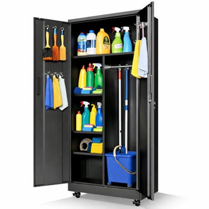 Metal Storage Cabinet for Garage (Black / L - 2 Doors & Hanging Rod (Wheeled))