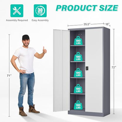 Wide & Deep Metal Storage Cabinet with Shelves (72"H x 36"W x 18"D / Gray White)