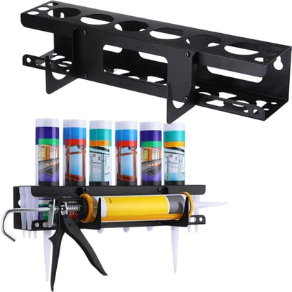 1 Pack Caulking Tube and Gun Holder 6 Slot 16.3 x 6.1 x 3.4 Inch Caulking Gun Storage Rack with Horizontally Base Sealant Organizer for Garage Workshop Work Van Wall Mounted Tubes and Nozzle (6 Slots)