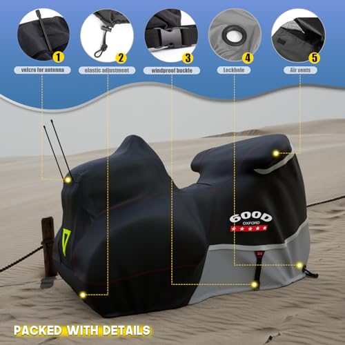 Motorcycle Cover with Side+Top Box Heavy Duty 600D Waterproof for Touring Models Harley Davidson Ultra Limited (Gray / Side+Top box)