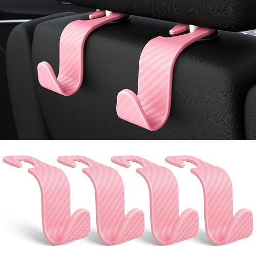 4 Pack Car Headrest Hooks Holds 55lbs Seat Storage Organizer for Bags (Pink Check)