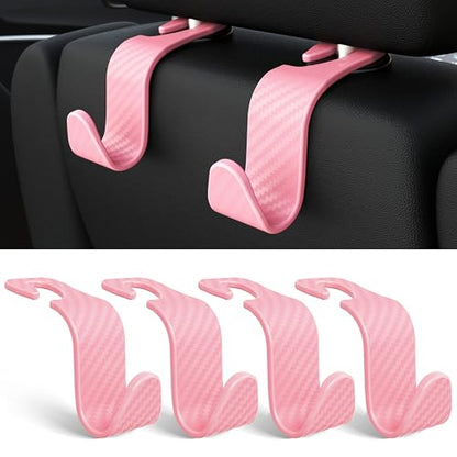 4 Pack Car Headrest Hooks Holds 55lbs Seat Storage Organizer for Bags (Pink Check)