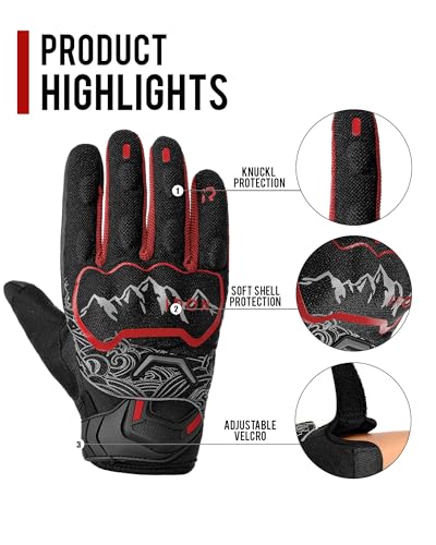 Motorcycle Gloves Motorbike Glove for Men Women Full Finger Knuckle Protection Touch Screen Cycling ATV Hiking Riding (XX-Large / mountain-Red)