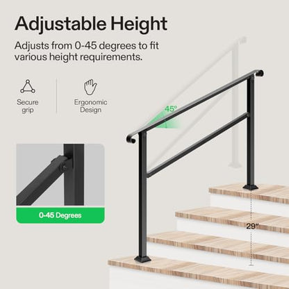 4 Step Stair Handrail 54"x36" Wrought Iron with Curved Ends Black (Black / 4 Steps)