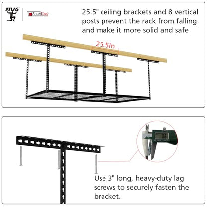 The Atlas 4 x 8 ft Adjustable Height Overhead Garage Storage Rack 900 lbs Heavy Duty Capacity Hammertone Finish (900lbs - Hammertone)