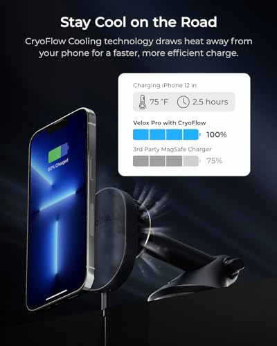 Velox Pro MagSafe Compatible Dash & Windshield Car Mount with Wireless Charging & CryoFlow™ Cooling Compatible with MagSafe Phones Including iPhone 12 (Qi Wireless Charging)