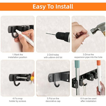 Mop and Broom Holder Wall Mount for Kitchen Laundry Room Decor (Black / 3 Racks with 4 Hooks)