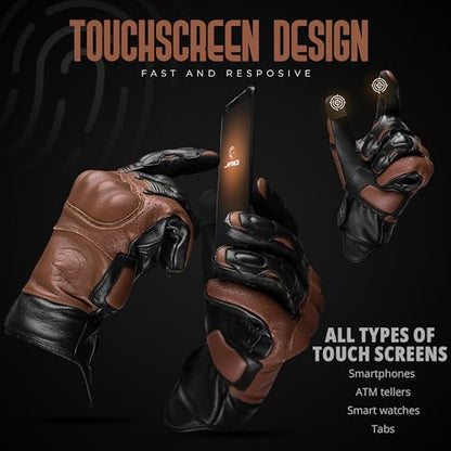 Leather Motorcycle Motorbike Knuckle Protection Powersports Gloves (Black/Brown / X-Large)