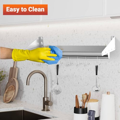 12"x36" Stainless Steel Wall Mount Floating Shelving with 6 Hooks (12" x 36" / 1 Piece)