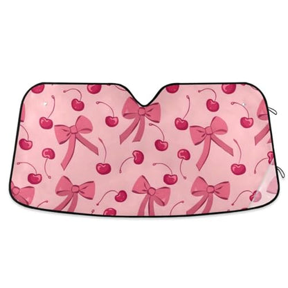 Car Windshield Sun Shade Bow Cherry Pink Foldable Car Front Windshield Sunshade Blocks UV Rays Sun Visor Heat Protection for Truck SUV to Keep Your Vehicle Cool (Large / Bow Cherry Pink)