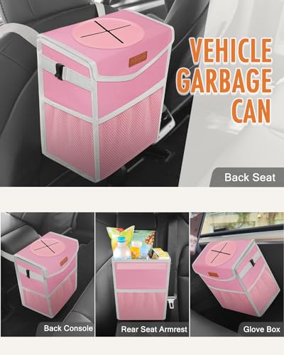 Car Trash Can with Lid Leakproof Car Garbage Bag Vehicle Trash Bin (2 Gallons / Pink)
