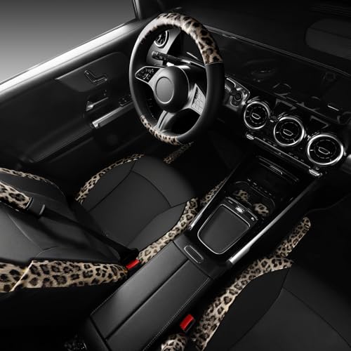 Leopard Print Faux Leather Car Seat Covers & Leopard Car Mats&Leopard Steering Wheel Cover Seat Belt Universal Car Accessories for SUV (Leopard Gold combo)