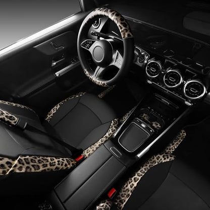 Leopard Print Faux Leather Car Seat Covers & Leopard Car Mats&Leopard Steering Wheel Cover Seat Belt Universal Car Accessories for SUV (Leopard Gold combo)