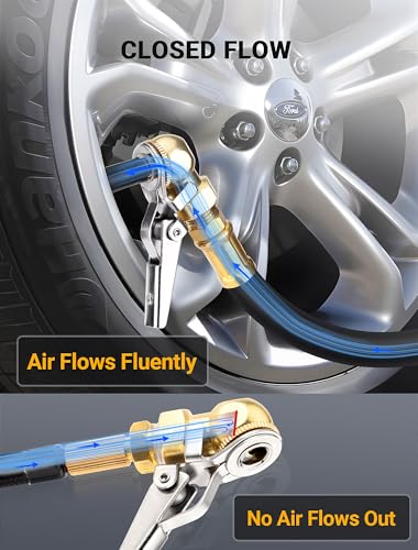 2-Pack 1/4'' Female NPT Air Chuck with Clip, Locking Closed Ball Tire Chuck with Inflator Adapter 1/4 NPT (m) to Schrader Valve (m), 2-Way Connection Tire Nozzle for Tire Inflator Air Compressor Hose (1/4'' NPT to Schrader Valve)
