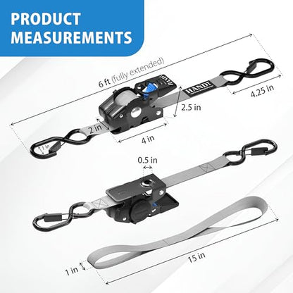 USA Based Retractable Ratchet Straps (1in x 6ft - 4 Pack / Gray)