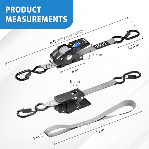 USA Based Retractable Ratchet Straps (1in x 6ft - 2 Pack / Gray)
