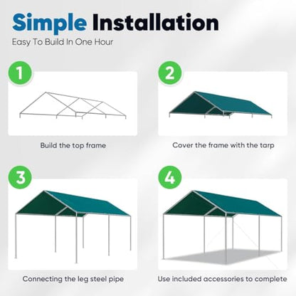 10x15 ft Heavy Duty Car Canopy Galvanized Frame Carport Outdoor Party Tent Boat Shelter with 3 Reinforced Steel Cables (Green / 10'x15')