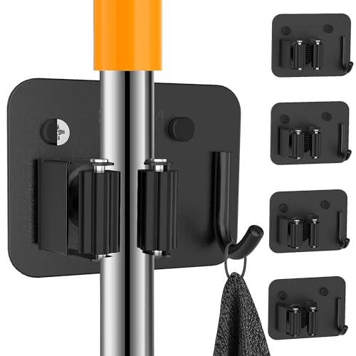 4 Pack Stainless Steel Heavy Duty Broom Holder Wall Mount with Hook (D-Black / 4PCS Gripper)