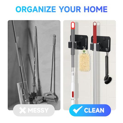 2 Pack Broom Holder with Heavy Duty Hooks (2PCS-Matte Black+Hook)