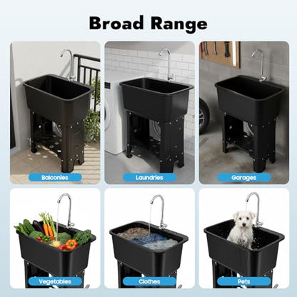 Free Standing Utility Sink with Washboard Laundry Tub Sink for Outdoor (C / Black-23.62*15.75*30.12in)