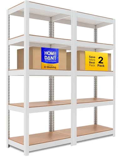 House 24.4" W 5 Tier Heavy Duty Garage Shelving Adjustable Metal Rack Storage Shelves Standing Shelf Unit Organizers Pantry Closet Office White 2Pack (White / 24.4"W x 16.5"D)