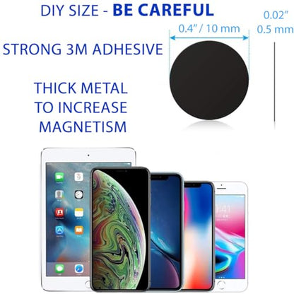 Cell Phone Metal Stickers 0.4 inch for Magnetic Car Mount. Replacement Set of 64 Mini Magnet Metal Plates. Silver Car Sticky Small Round Iron Discs with 3M Adhesive Backing for Case (Round 0.4" [64 Pack])