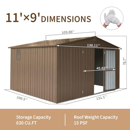 Large Galvanized Steel Storage Shed 11' x 9' with Windows & Lockable Door (Brown04 / 11×9)