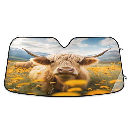 Car Windshield Sun Shade Cattle Cow Yellow Daisy Flower Field Foldable Car Front Windshield Sunshade Blocks UV Rays Sun Visor Sun Heat Protection for Car Truck SUV to Keep Your Vehicle Cool (Small / Cattle Cow)